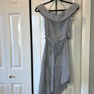 INTERMIX Dress Off Shoulder Fly Away Asymmetric Button Diagonal Oxford Stripe